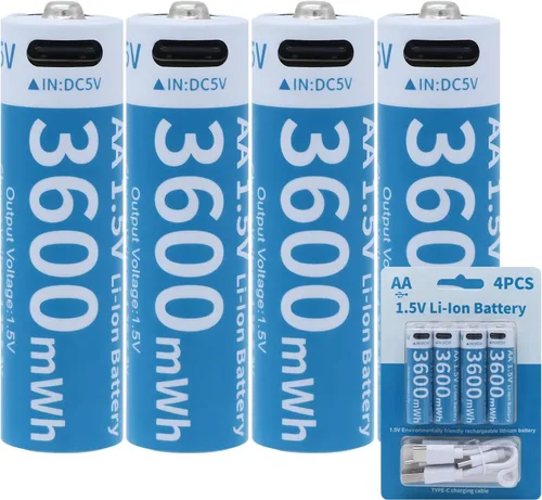 Baterías de litio recargables AA, paquete de 4 baterías de iones de litio recargables USB-C de 1.5 V 3600 mWh con cargador USB a tipo C 4 en 1,