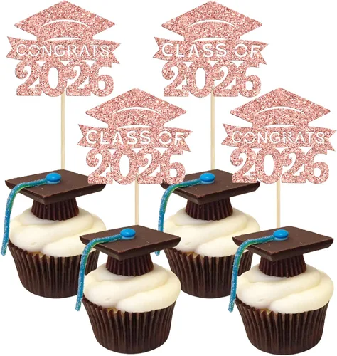 Miniatura 10 de 24 piezas 2026 decoraciones para cupcakes de graduación 2026 con purpurina clase de 2026 para graduación de graduación para felicitaciones 2026