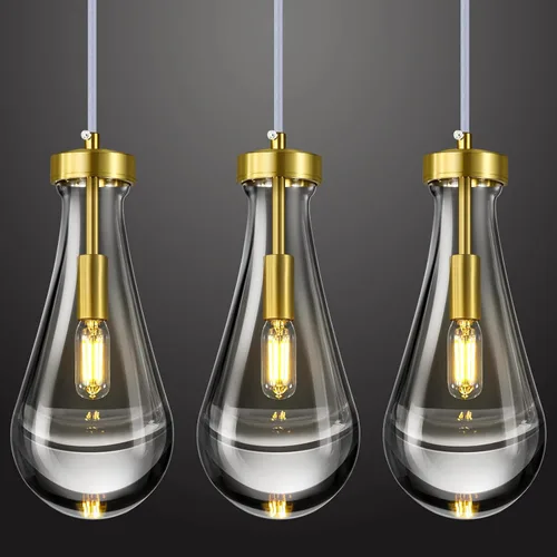 Lámparas Colgantes en Forma de Gota de Lluvia para Isla de Cocina, Juego de 3 Lámparas Colgantes en Forma de Lágrima de Oro, Luz Colgante de Vidrio