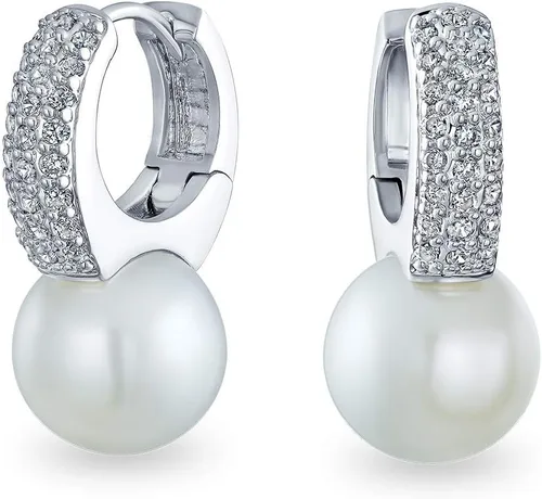 Elegant Vintage Bridal Jewelry - Milgrain Crown Pave CZ Half Mini Hoop White Glass Ball Pearl Drops Earrings for Women with Omega Back, Exquisite
