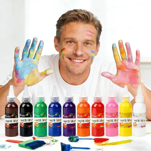 Miniatura 5 de Juego de 64 pinturas lavables, 12 colores no tóxicas para dedos con esponjas, pinceles de pintura, bata de pintura impermeable, paletas, tarjetas