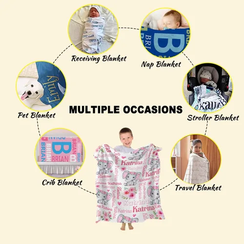 Miniatura 7 de Manta personalizada de elefante bebé para niñas y mujeres, manta personalizada con nombre, mantas de franela suave y acogedora para sofá, cama
