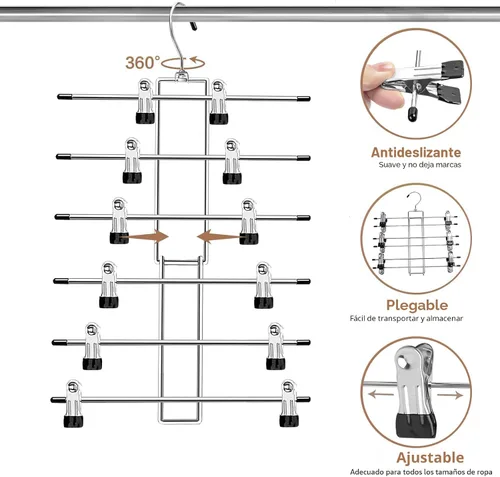 Miniatura 6 de Perchas para pantalones con clips, organizador de armario colgante de ahorro de espacio de 6 niveles, perchas para faldas con gancho giratorio