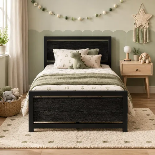 Catrimown - Bases de cama individuales con cabecero, base de cama metálica de tamaño individual con fuerte soporte de listones de acero, cama de