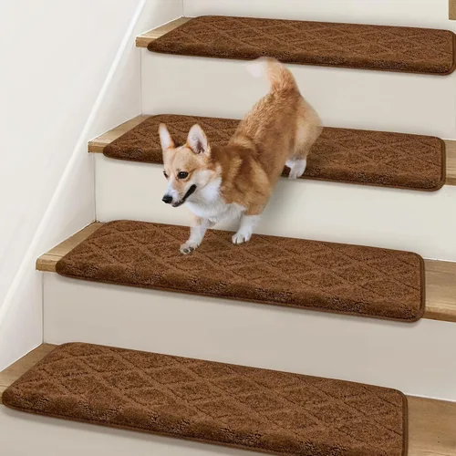 Miniatura 15 de Peldaños Bullnose Antideslizantes 9.5" x 30", 2 Piezas Peldaños de Alfombra para Escalones de Madera Interior con Protección de Bordes, Alfombras