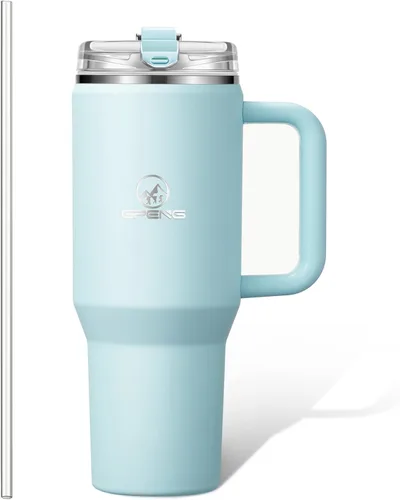 Miniatura 17 de Gpeng 30/40/50 oz Vaso con asa, botellas de agua con tapa de popote, taza de viaje de acero inoxidable aislada compatible con portavasos, mantiene