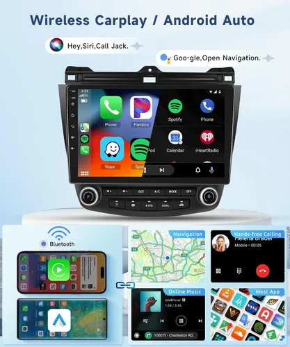 Miniatura 4 de Para Honda Accord 7ª 2003 2004 2005 2006 2007 Estéreo de coche Android con Carplay inalámbrico/Android Auto Pantalla táctil de 10.1" Autoradio