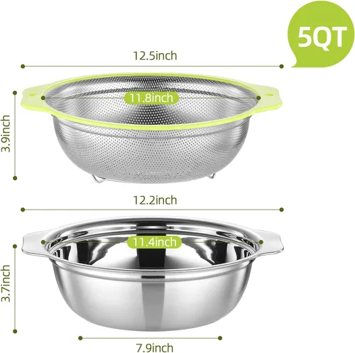 Miniatura 3 de Colador de Acero Inoxidable Microporoso, Lavador de Arroz de Gran Capacidad de 5QT con Tazón Mezclador, Juego de Tazón Colador de Arroz de 12.5