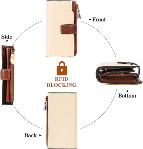 Miniatura 4 de SENDEFN Carteras de cuero para mujer, con bloqueo RFID, tarjetero con bolsillo con cremallera, Beige Marrón, Minimalista