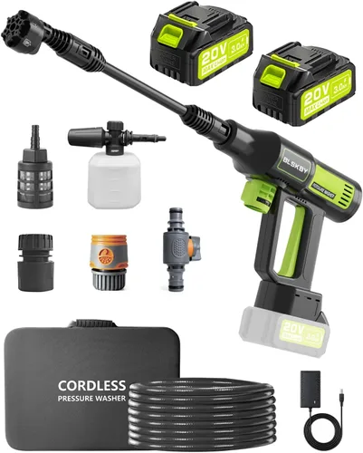 Lavadora a presión portátil inalámbrica, 2 baterías, 1200 PSI, sin escobillas, lavadora eléctrica con boquilla 6 en 1, cañón de espuma, 3 niveles de