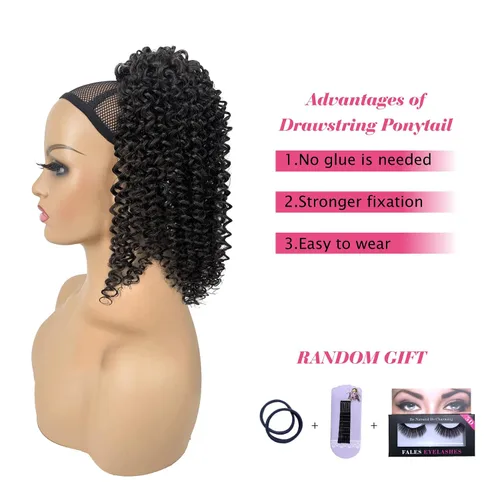Miniatura 4 de Extensión de cola de caballo rizada profunda con cordón para mujeres negras, extensiones de cabello sintético con 2 clips, 14 pulgadas (1B)