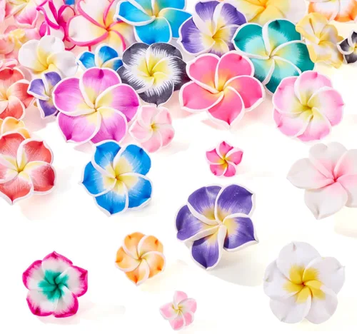 Miniatura 11 de Craftdady 200 cuentas sueltas de arcilla polimérica Plumeria Flower Spacer de 0.472 x 0.315 in, colores mezclados al azar, 5 pétalos, cuentas Flores