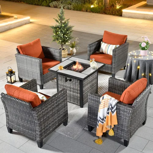 Miniatura 26 de ovios Juego de muebles de patio de 6 piezas, sillas giratorias de mimbre para exteriores con mesa para fogatas de 30 pulgadas, juego de mecedoras