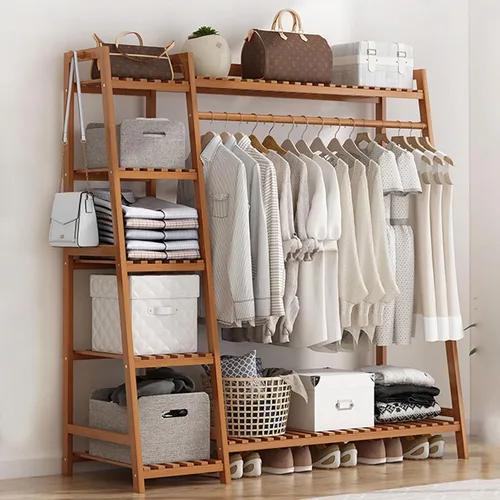 Miniatura 9 de Perchero de bambú para ropa, con estantes de almacenamiento y ganchos, organizador de almacenamiento de ropa abierto para entrada, dormitorio, sala
