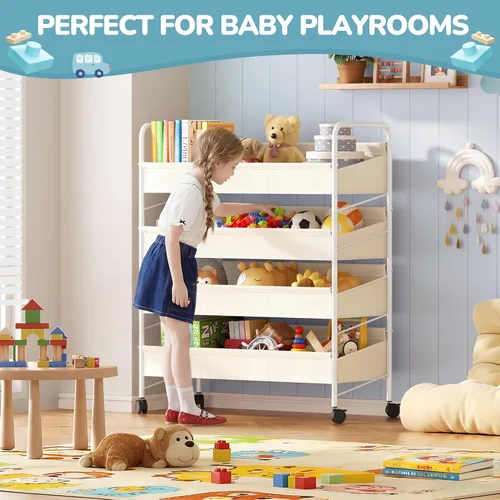 Miniatura 8 de Organizador de almacenamiento de juguetes para niños con 4 estantes y ruedas, estante de almacenamiento de juguetes de gran tamaño blanco para niños