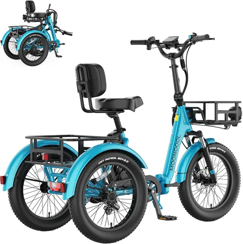 Miniatura 8 de MOONCOOL Foldable Electric Tricycle for Adults, 20" Aluminum Etrike Fat Tire, Rated 500W 48V 15Ah Rear Differential, Front Suspension, 15.5MPH
