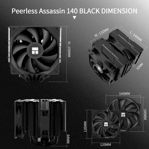 Miniatura 6 de Thermalrlght Peerless Assassin 140 - Enfriador de aire negro para CPU, 6 tubos de calor, disipador de calor de torres duales, ventiladores PWM