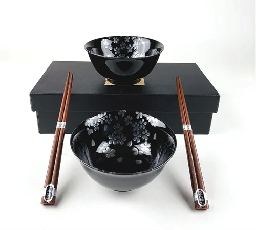 JapanBargain 4689 - Juego de 2 cuencos y palillos de porcelana japonesa, cuencos de arroz y tazones de sopa, caja de regalo, fabricado en Japón,