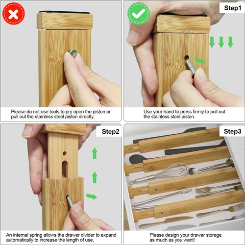 Miniatura 5 de Divisor de cajones de cocina de bambú, 4 unidades, 17-22 pulgadas, organizador de cajones ajustable para baño, dormitorio, natural, 2.4 pulgadas