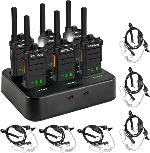 Retevis RB26H Walkie Talkies de largo alcance con auricular, radio de 2 vías con cargador de 6 vías, pantalla oculta, 21 horas, NOAA, capacidad de