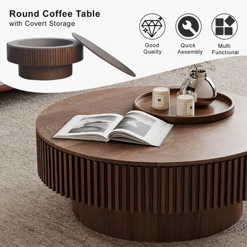 Miniatura 6 de Mesa de centro redonda con almacenamiento, moderna mesa de centro de madera con chapeado de madera maciza, mesa central circular mesa de té de 31.5