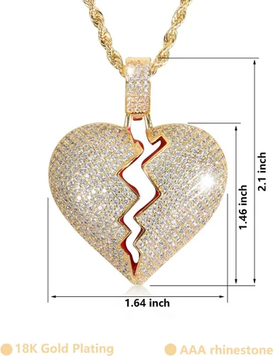 Miniatura 2 de putouzip Cadenas de corazón roto para hombre, chapado en oro de 18 quilates, collar de cadena de eslabones con colgante