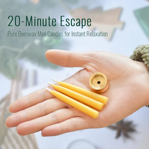 Miniatura 5 de Velas de cera de abeja pura de 20 minutos, velas de meditación sin goteo, mini velas cónicas, juego de 20 con portavelas de latón. 20 piezas