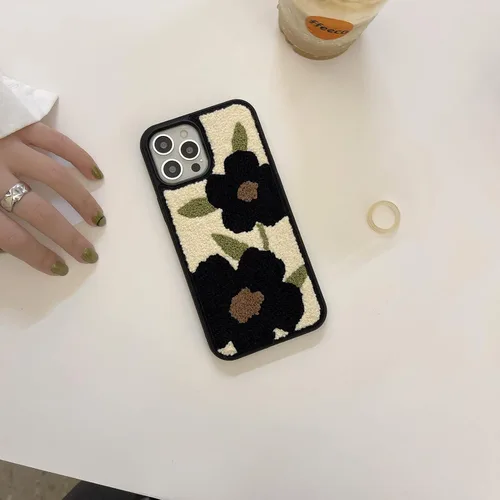 Miniatura 7 de Bonita funda para teléfono compatible con iPhone 14 Pro, diseño femenino retro de flores negras con diseño floral, delgada, suave y esponjosa, Black