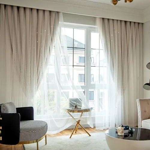 Miniatura 2 de Loyala Cortinas opacas con diseño de estrellas para dormitorio, doble capa, niños, bonitas, 84 pulgadas de largo, 1 panel, beige, 42 x 84 pulgadas