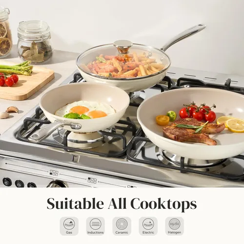 Miniatura 8 de Redchef Juego de utensilios de cocina antiadherentes, juego de sartenes con tapas de vidrio templado, juego de utensilios de cocina de cerámica
