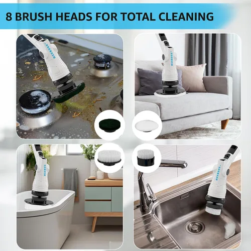 Miniatura 5 de Depurador eléctrico giratorio, limpiador eléctrico de 3 velocidades para limpiar el baño, cabezal ajustable de 6 ángulos con 8 cabezales de cepillo