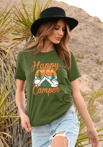 Miniatura 2 de Camiseta con la leyenda Happy Campers para mujer divertida y linda camiseta gráfica de manga corta con letras impresas, camisetas casuales
