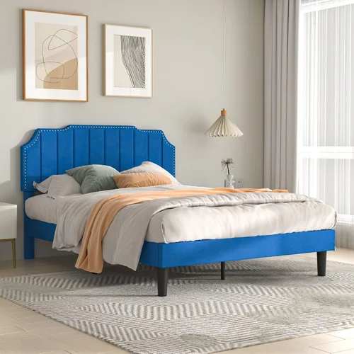 Miniatura 3 de VECELO Base de cama tamaño matrimonial tapizada con cabecera ajustable copetuda/base de colchón con soporte de listones de madera, fácil montaje