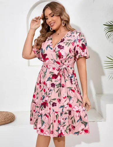 Miniatura 5 de KOJOOIN Vestido cruzado con cuello en V para mujer, talla grande, cintura alta, manga corta, vestido midi casual de verano con cinturón