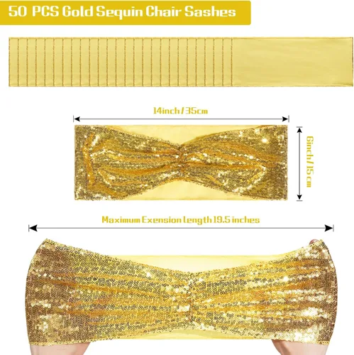 Miniatura 3 de SquarPie - Paquete de 50 bandas para silla, de elastano elástico dorado, lazos de lentejuelas unilaterales para decoración de bodas, fiestas