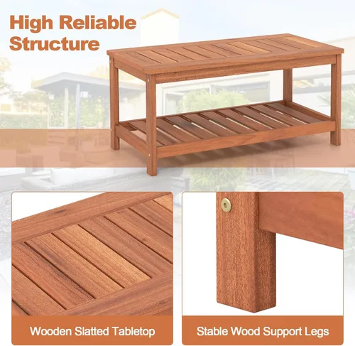 Miniatura 5 de Giantex Mesa de centro de madera dura para patio, mesa de centro de madera de 2 niveles con mesa de listones y estante de almacenamiento, mesa