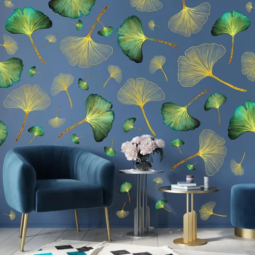 Miniatura 8 de Calcomanías de pared de hojas doradas, calcomanías de pared de hojas verdes, calcomanías de pared modernas para dormitorio, sala de estar, Oro