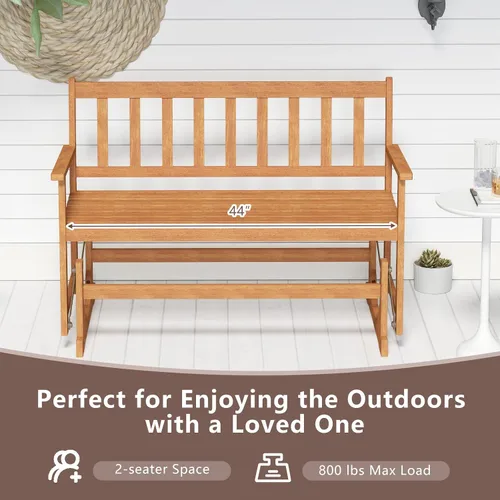 Miniatura 8 de Tangkula Banco planeador de madera de acacia para 2 personas, resistente 800 libras, sofá biplaza mecedora para patio con asiento y respaldo