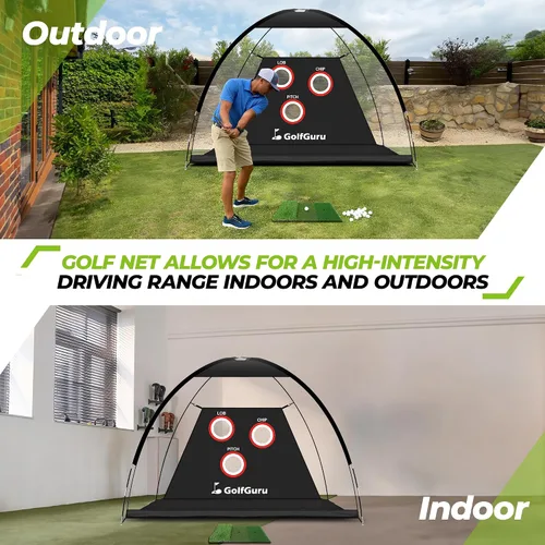 Miniatura 6 de Golfguru Red de práctica de golf todo en 1: 10 x 7 pies con objetivo de astillado profesional, tapete de triple césped, 10 bolas, 7 camisetas, 2