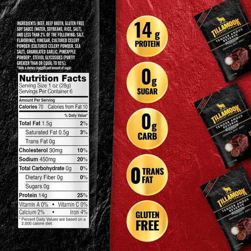 Miniatura 2 de Tillamook Country Smoker Tender Angus Reserve Original Beef Jerky, bolsa de 6 oz, Carne de res Angus de EE. UU. ahumada lentamente con madera real