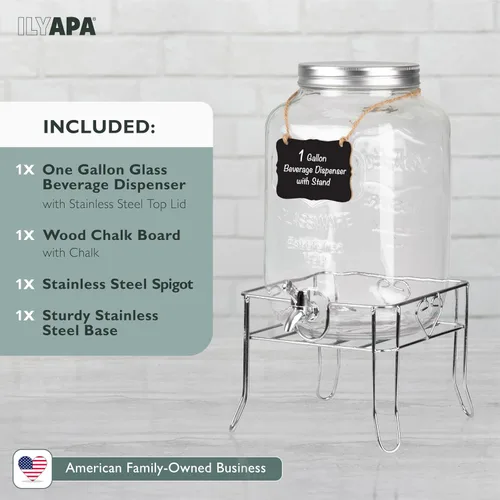 Miniatura 5 de Ilyapa Dispensador de bebidas de vidrio para exteriores con base de metal resistente, espita de acero inoxidable y pizarra colgante - Dispensador
