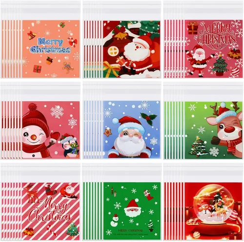 Miniatura 11 de FEBSNOW 450 bolsas de dulces de Navidad, bolsas autoadhesivas de celofán, bolsas de plástico para galletas para Navidad, fiestas, regalos