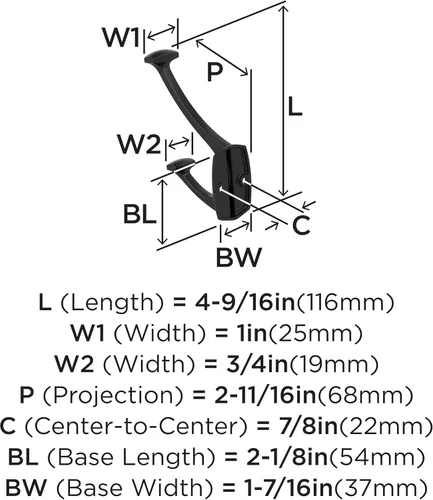 Miniatura 4 de Amerock H37001MB Gancho decorativo de pared de doble punta Vicinity 4-9/16 pulgadas (4.567 in) de longitud Gancho negro mate para abrigos