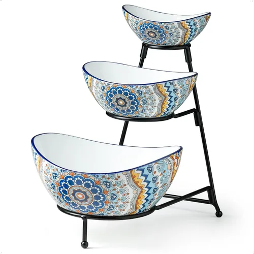 Miniatura 12 de YHOSSEUN Soporte de 3 niveles para servir con juego de 3 tazones ovalados de porcelana para servir con soporte de metal plegable más grueso