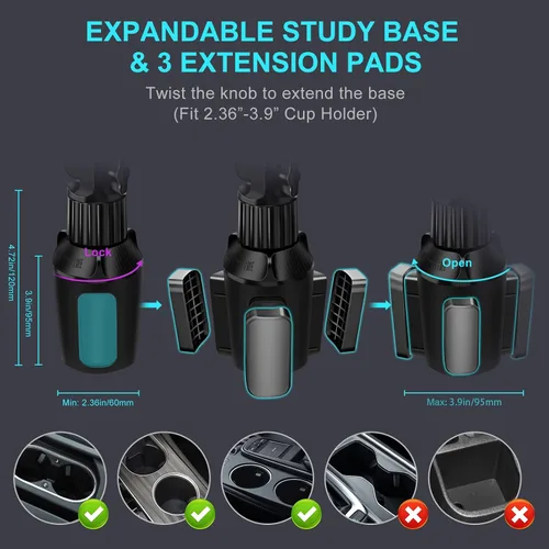 Miniatura 2 de Soporte para tablet con portavasos para coche, soporte ajustable de 360° de 15" de largo con 2 brazos para iPad Pro 12.9/11/10.5/9.7/Air/Mini 6/5/4
