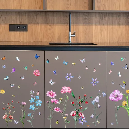 Miniatura 7 de Calcomanías de pared de flores coloridas con mariposa y abeja, 58 unidades, calcomanías de pared de flores extraíbles, bricolaje para despegar y 58