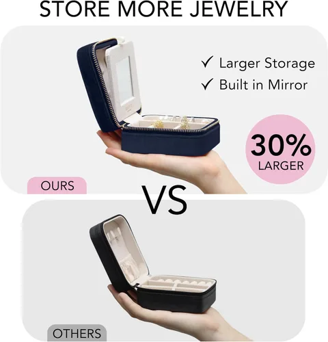 Miniatura 8 de BLUTETE Joyero de viaje organizador de terciopelo con anillos de espejo, aretes, collares, caja organizadora de almacenamiento (negro)