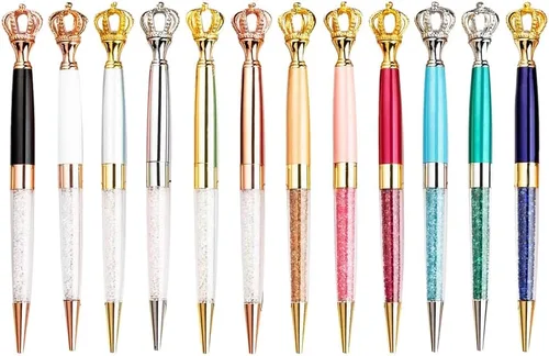 Paquete de 12 bolígrafos de corona elegantes, bolígrafo de metal de colores surtidos con parte superior de diamante aplastado hueco, decoración de