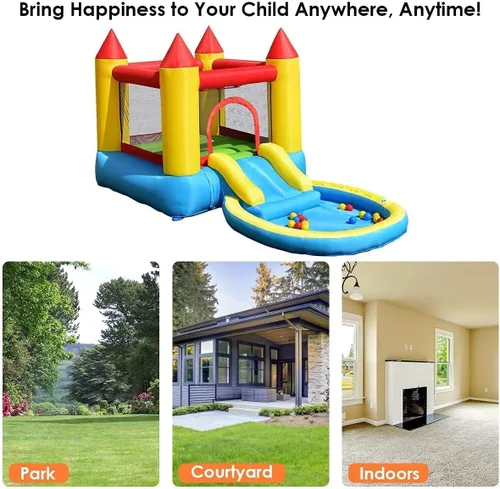 Miniatura 5 de OLAKIDS Tobogán acuático inflable, casa de rebote 4 en 1 para niños con tobogán, piscina de salpicaduras, gran área de rebote de malla de poliéster
