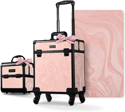 Miniatura 26 de BYOOTIQUE estuche rodante para maquillaje 4 en 1, con cerradura, maletín tipo trolley para cosméticos, con 4 ruedas extraíbles, organizador de viaje